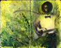 Abstract painting by Rod Luff depicts a dreamlike scene of a guitarist blending into a swirling, organic backdrop with green and yellow hues. The textured flow highlights the artists skill with double-sided oils.