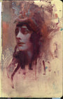 A portrait of a woman with closed eyes, painted in rich oils, features an enigmatic expression and abstract head patterns. The Rod Luff-inspired background is textured with earthy tones that blend seamlessly with the figure.