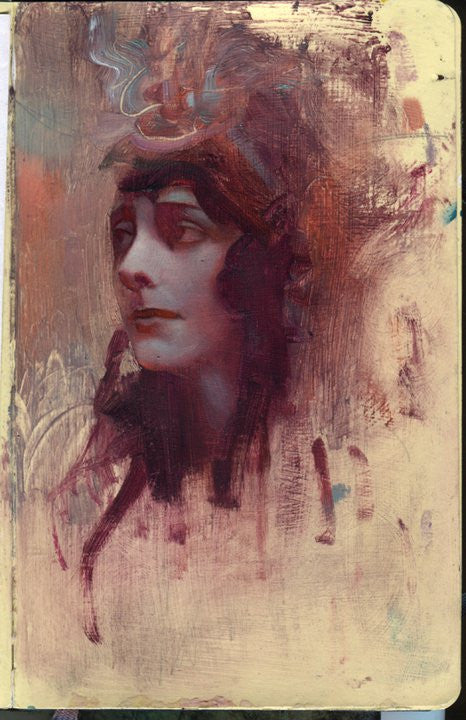 A portrait of a woman with closed eyes, painted in rich oils, features an enigmatic expression and abstract head patterns. The Rod Luff-inspired background is textured with earthy tones that blend seamlessly with the figure.