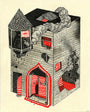 This Cannon Dill pen and ink illustration features a cube-shaped medieval building with a conical tower, arches, and red accents that create an otherworldly atmosphere reminiscent of a Ghost Brothel, with mysterious smoke clouds emerging from its windows.