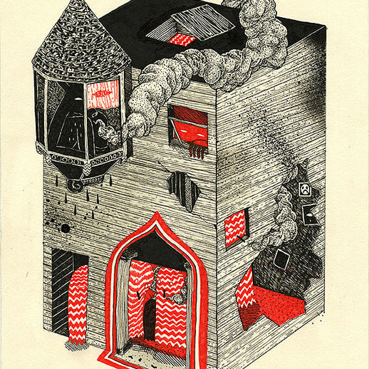 This Cannon Dill pen and ink illustration features a cube-shaped medieval building with a conical tower, arches, and red accents that create an otherworldly atmosphere reminiscent of a Ghost Brothel, with mysterious smoke clouds emerging from its windows.