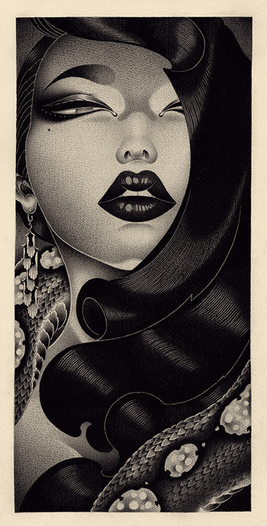 ONEQs artistic pencil illustration on paper features a stylized woman in black and white, with voluminous hair, closed eyes, bold lips, and elaborate earrings, offering an elegant and dramatic allure suitable for the Supersonic Invitational.