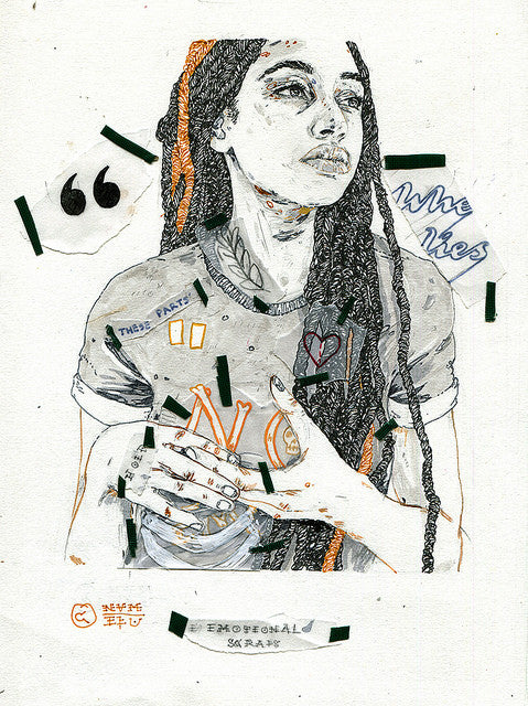 A mixed media piece on paper by Michael Howard features a person with long braids clutching their shirt, surrounded by emotional scraps, symbols like a heart, and phrases THESE PARTS and WHO LIES, all in abstract elements and muted tones.