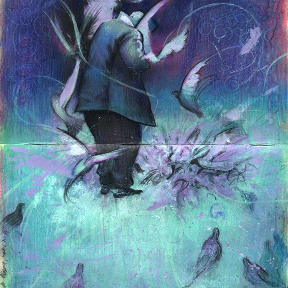 Rod Luffs surreal Feeding Birds Study painting showcases a man in a suit enveloped by abstract swirls and birds. Made with acrylic and colored pencil, its blue, purple, and green background enhances the dreamlike atmosphere.