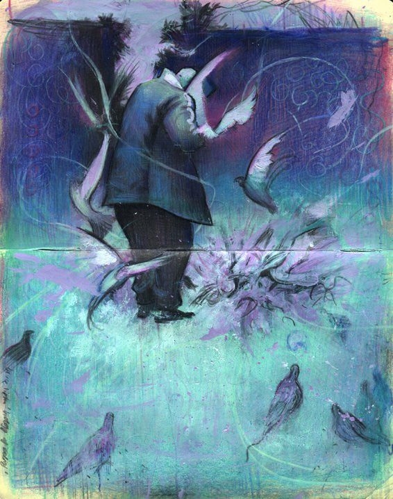 Rod Luffs surreal Feeding Birds Study painting showcases a man in a suit enveloped by abstract swirls and birds. Made with acrylic and colored pencil, its blue, purple, and green background enhances the dreamlike atmosphere.
