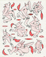 Cannon Dills custom-framed illustration features humanoid fox-like creatures with red spots in intriguing poses. Detailed in pen and ink, floating red eye shapes and feathers contrast against the light gray background.