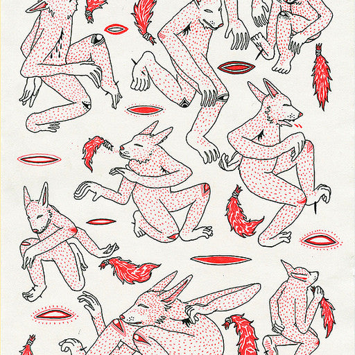 Cannon Dills custom-framed illustration features humanoid fox-like creatures with red spots in intriguing poses. Detailed in pen and ink, floating red eye shapes and feathers contrast against the light gray background.