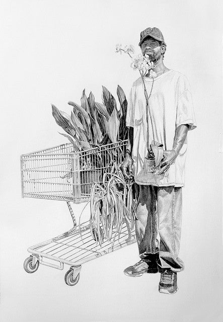 A person in casual attire stands beside a cart overflowing with large plants, holding a potted orchid that partially covers their face. This exquisite monochrome drawing by Joel Daniel Phillips was crafted for the Supersonic Invitational using charcoal and graphite on paper.