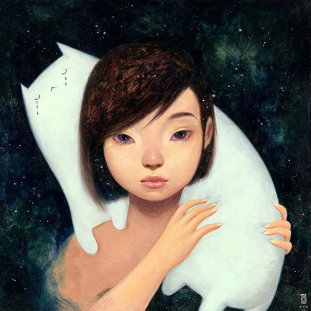 A dreamy oil-rendered illustration by UYU features a young girl with short dark hair and a serene, large white cat, set against an iridescent starry night sky. This enchanting piece is showcased at the Supersonic Invitational group show.