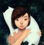 A dreamy oil-rendered illustration by UYU features a young girl with short dark hair and a serene, large white cat, set against an iridescent starry night sky. This enchanting piece is showcased at the Supersonic Invitational group show.