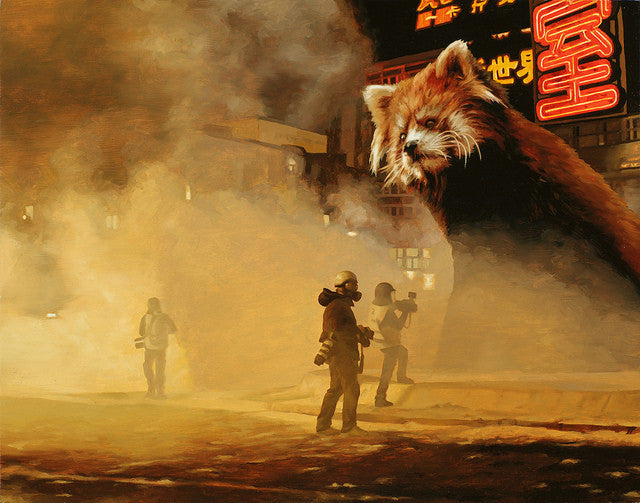 In Caleb Browns surreal Red Panda City, a giant red panda surveys a foggy night street. Photographers in protective gear capture the moment, while neon signs from Spoke Art cast an enchanting glow through the mist, creating a captivating urban tableau.