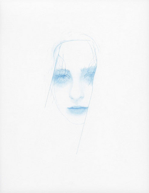 A delicate sketch of a womans face, reminiscent of Steve Kims style, with minimal lines, lightly shaded eyes, faintly outlined lips in colored pencil, and soft blue tones on a white background. Featured at the Supersonic Invitational. Brand: Steve Kim.