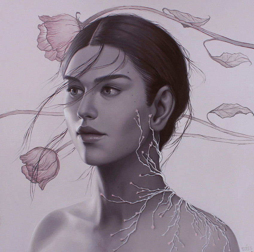 A grayscale painting by Sarah Joncas features a woman with long dark hair intertwined with delicate floral elements. Intricate root-like patterns extend from her neck, merging organically to evoke a surreal and elegant sense of beautiful decay.