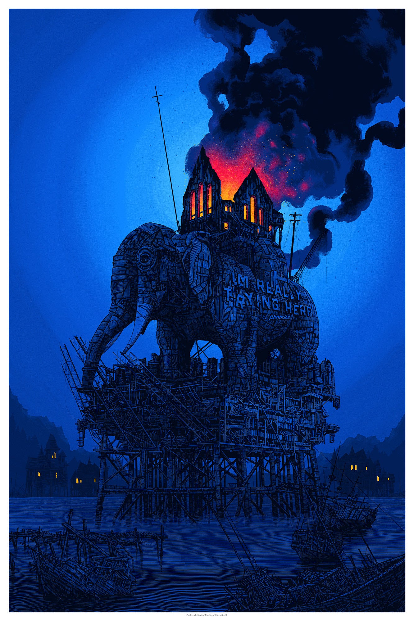 A large wooden elephant structure, influenced by Daniel Dangers style, stands on scaffolding over water. A burning building atop it emits dark smoke. I AM REALLY TRYING HERE is boldly painted on the elephant under a deep blue night sky at the Supersonic Invitational.