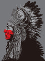 A profile of a person in a Native American headdress with feathers and horns, styled like Ken Taylors screenprint. The face has a red stripe and rests on a solid gray backdrop, reminiscent of an Avett Brothers poster design.