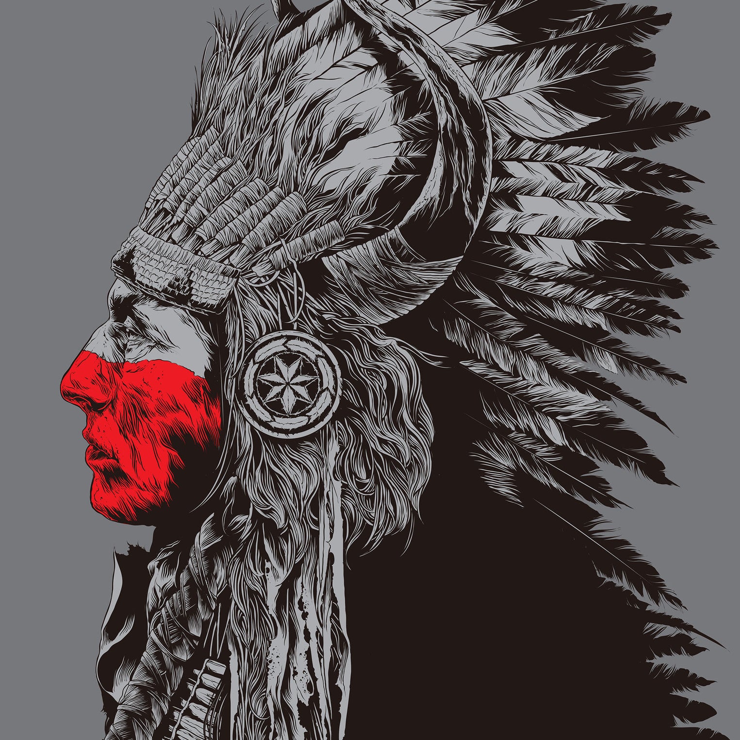 A profile of a person in a Native American headdress with feathers and horns, styled like Ken Taylors screenprint. The face has a red stripe and rests on a solid gray backdrop, reminiscent of an Avett Brothers poster design.