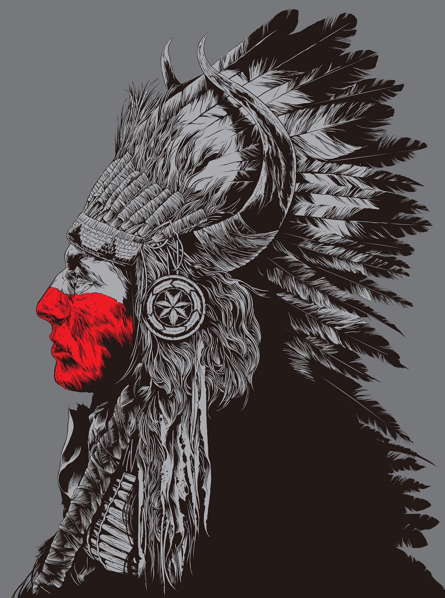 A profile of a person in a Native American headdress with feathers and horns, styled like Ken Taylors screenprint. The face has a red stripe and rests on a solid gray backdrop, reminiscent of an Avett Brothers poster design.