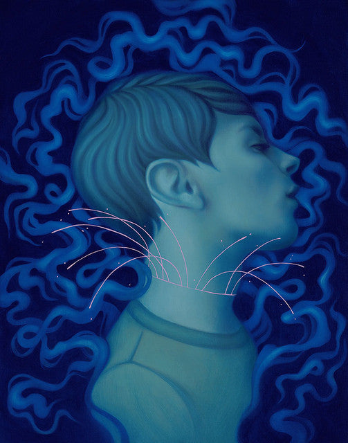 A surreal Syd Bee-inspired image depicts a person in profile with blue-toned skin, surrounded by wavy blue lines and white arcs from the neck, set against a deep navy background reflecting Spoke Arts distinct aesthetic.
