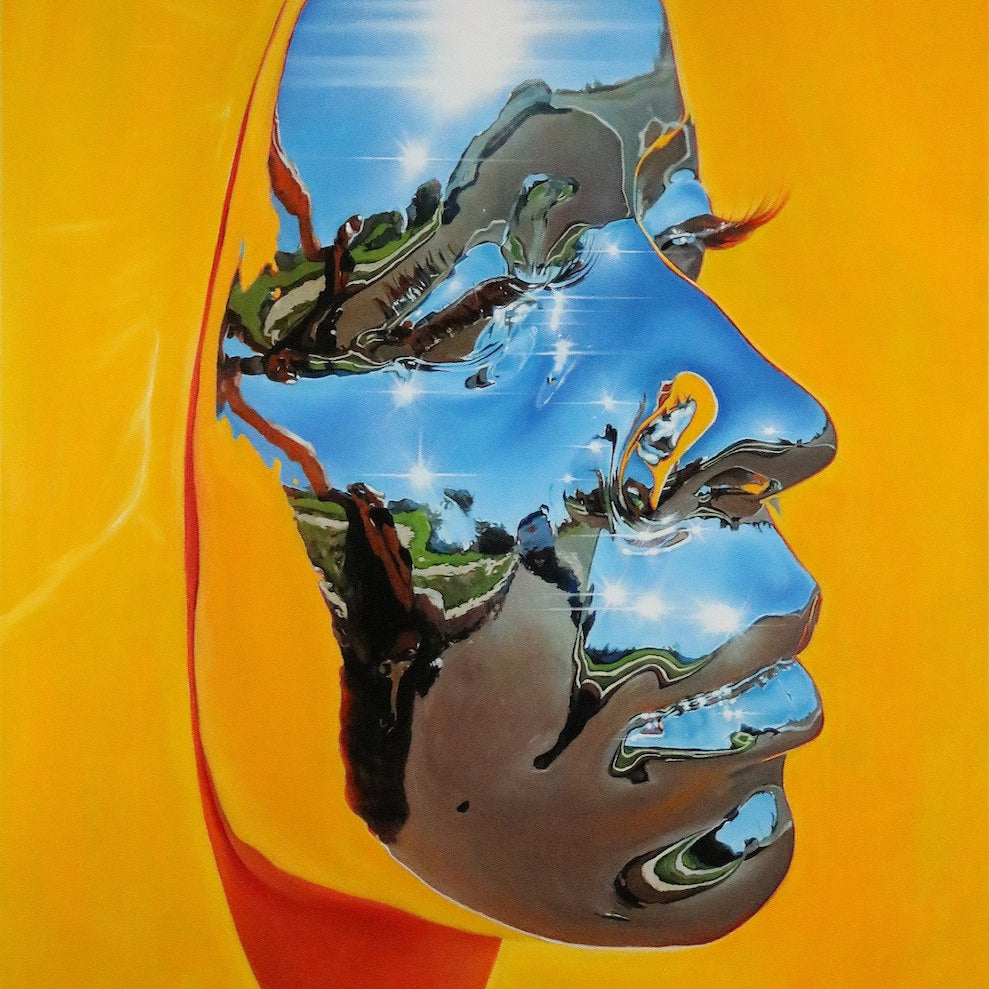 A Kip Omolade piece, featuring a face artfully merged with a reflective landscape on a bright yellow backdrop, evokes the Supersonic Invitational vibe. The face includes trees and water details, creating an illusion of a serene outdoor scene within its silhouette.
