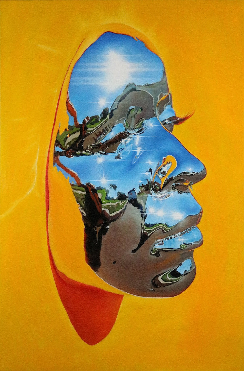 A Kip Omolade piece, featuring a face artfully merged with a reflective landscape on a bright yellow backdrop, evokes the Supersonic Invitational vibe. The face includes trees and water details, creating an illusion of a serene outdoor scene within its silhouette.