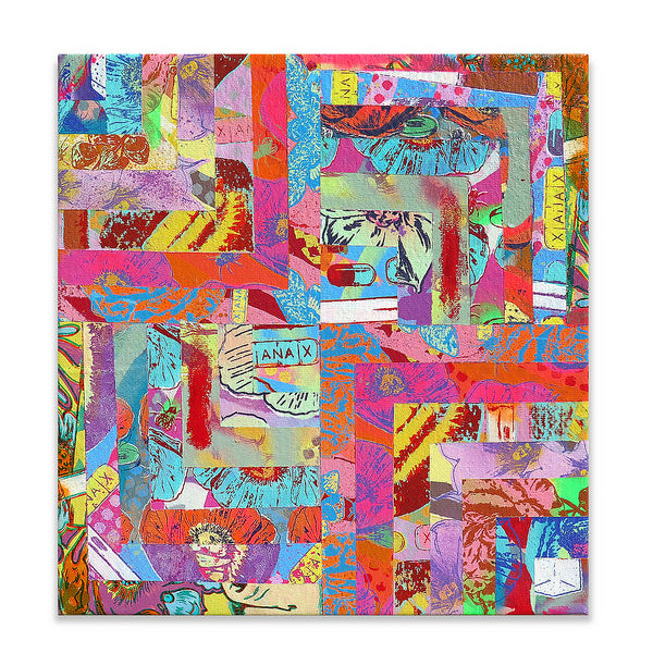 A vibrant collage by Haunted Euth features overlapping strips and bright colors like pink, blue, yellow, and orange. Influenced by Spoke Arts dynamic style, it includes text fragments and abstract shapes for a lively composition that captures the eye.