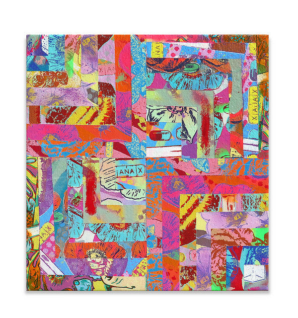 A vibrant collage by Haunted Euth features overlapping strips and bright colors like pink, blue, yellow, and orange. Influenced by Spoke Arts dynamic style, it includes text fragments and abstract shapes for a lively composition that captures the eye.