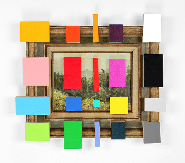 A Chad Wys landscape painting in a wood frame features vibrant red, blue, pink, and yellow rectangular blocks that evoke the energetic essence of the Supersonic Invitational.