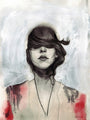 An abstract watercolor painting echoing Nimit Malavias ethereal style shows a long-dark-haired woman with veiled eyes against a gray and white backdrop, subtly hinting red at the bottom, capturing the emotional essence of Supersonic Invitational art.