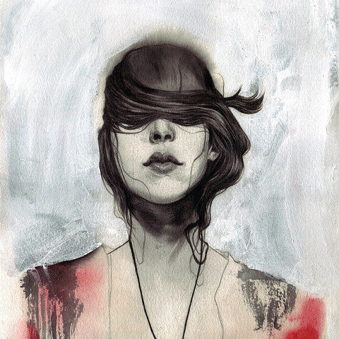 An abstract watercolor painting echoing Nimit Malavias ethereal style shows a long-dark-haired woman with veiled eyes against a gray and white backdrop, subtly hinting red at the bottom, capturing the emotional essence of Supersonic Invitational art.