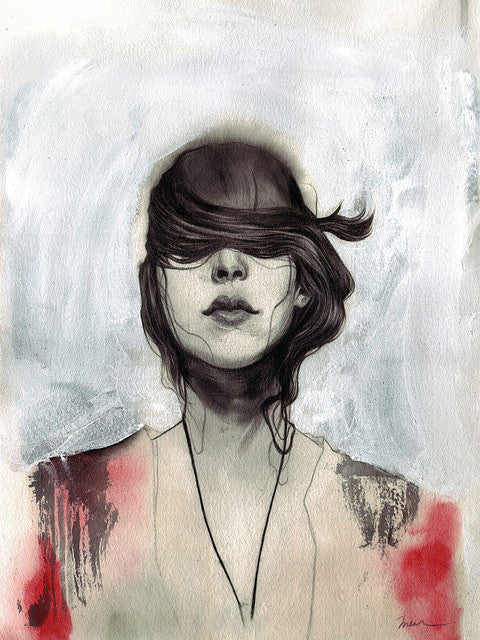 An abstract watercolor painting echoing Nimit Malavias ethereal style shows a long-dark-haired woman with veiled eyes against a gray and white backdrop, subtly hinting red at the bottom, capturing the emotional essence of Supersonic Invitational art.