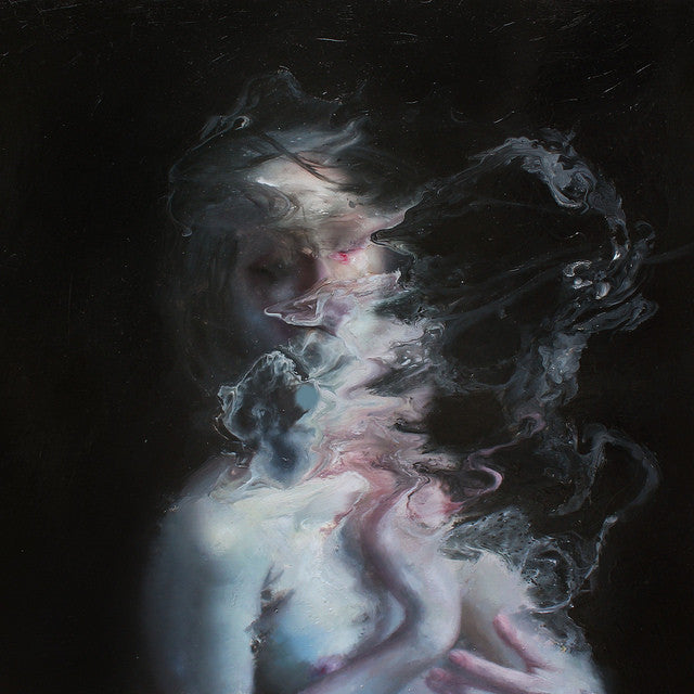 A Henrik Uldalen painting presents a figure with swirling, smoke-like distortions obscuring the face. It blends dark and light shades for an ethereal effect against a shadowy background.