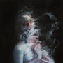 A Henrik Uldalen painting presents a figure with swirling, smoke-like distortions obscuring the face. It blends dark and light shades for an ethereal effect against a shadowy background.
