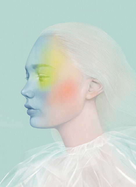 A Hsiao Ron Cheng fine art giclee presents a stylized portrait with long white hair and a face in soft blue, yellow, and orange hues. The subject wears a translucent ruffled garment against a muted green background. Its part of the hand-numbered Supersonic Invitational edition.
