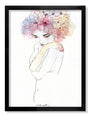 A person with closed eyes and arms crossed is illustrated in an artistic style, surrounded by delicate watercolor flowers that reflect Conrad Rosets dreamlike elegance. The artwork is framed in black.