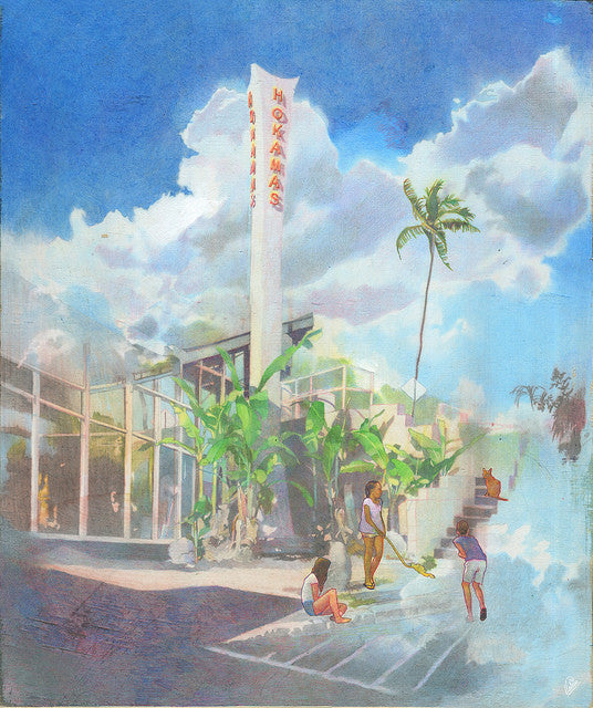 A vibrant illustration reminiscent of Edwin Ushiro depicts people near a modern building with a tall Hoxama sign, surrounded by lush greenery, a clear blue sky, and a central palm tree, evoking the lively ambiance of a Supersonic Invitational.
