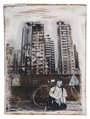 In an urban scene with a stylized art effect, a person sits before a bike amidst skyscrapers and a wall adorned with Radio Kowloon posters. The artwork evokes Eddie Collas signature style, merging photography and painting into a textured, washed-out look.