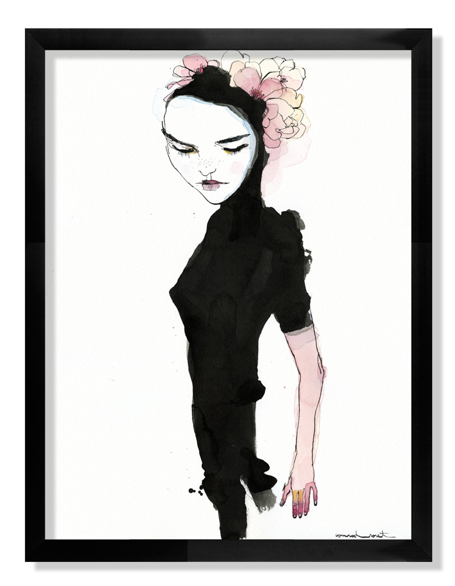 A watercolor painting inspired by Conrad Roset depicts a woman in a black dress with flowers in her hair. The soft, abstract strokes on a white background create a delicate and expressive effect.