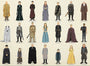 Max Daltons art showcases characters reminiscent of Lord of the Thrones, featuring medieval attire and a large white wolf. Each uniquely dressed figure dons robes, armor, or dresses against a simple backdrop in fine art giclee style.
