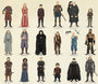 Max Daltons fine art giclee features 20 characters from a medieval fantasy series in individual panels, showcasing knights, royalty, and more in armor, robes, and leather. It captures the epic Lord of the Thrones style with exquisite detail.