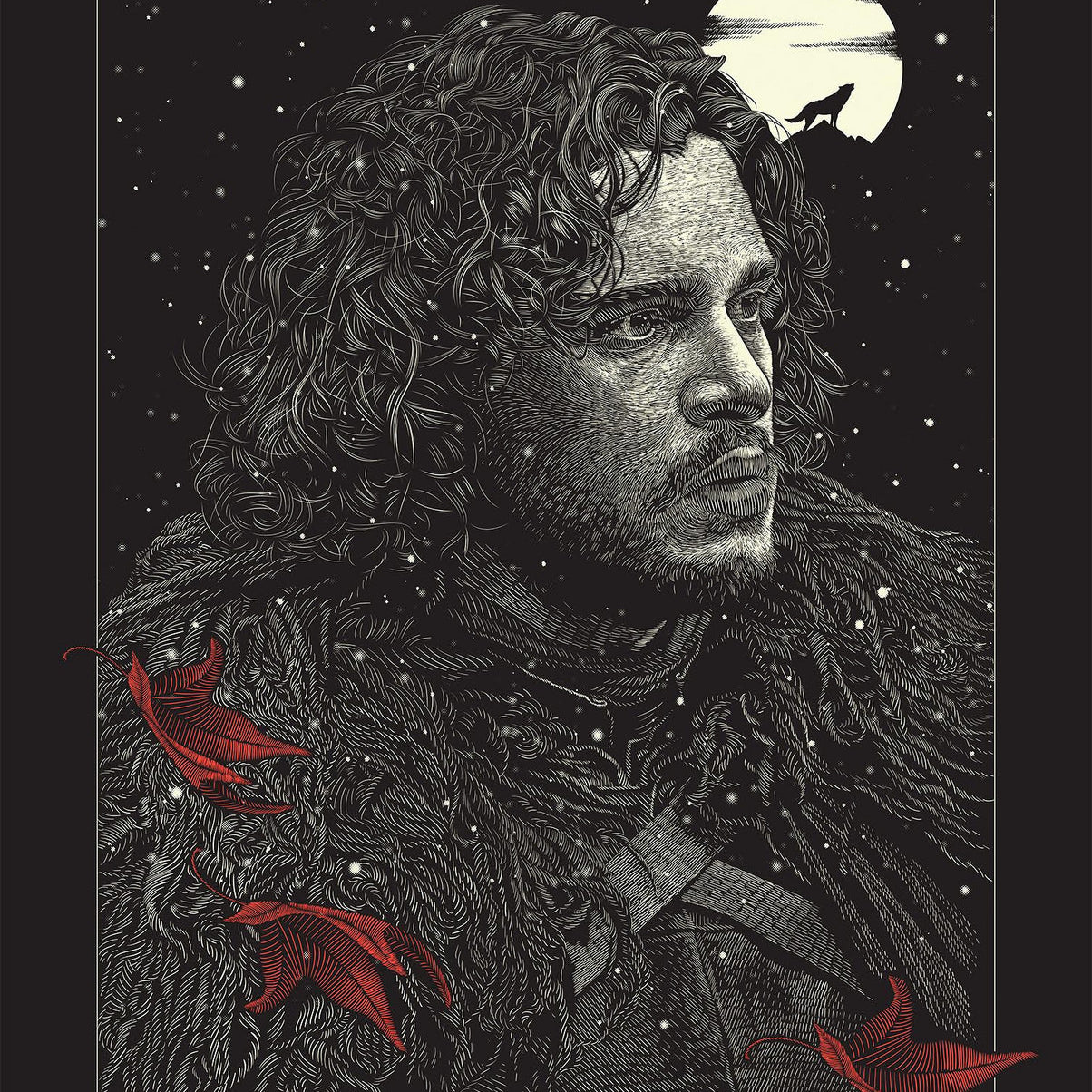 A screen print by Guillaume Morellec shows a curly-haired man in a cloak, thoughtfully gazing to the side as red leaves drift around him. Set against a starry sky with a full moon and wolf silhouette, the piece features Winter is Coming, inspired by George R.R. Martins world.