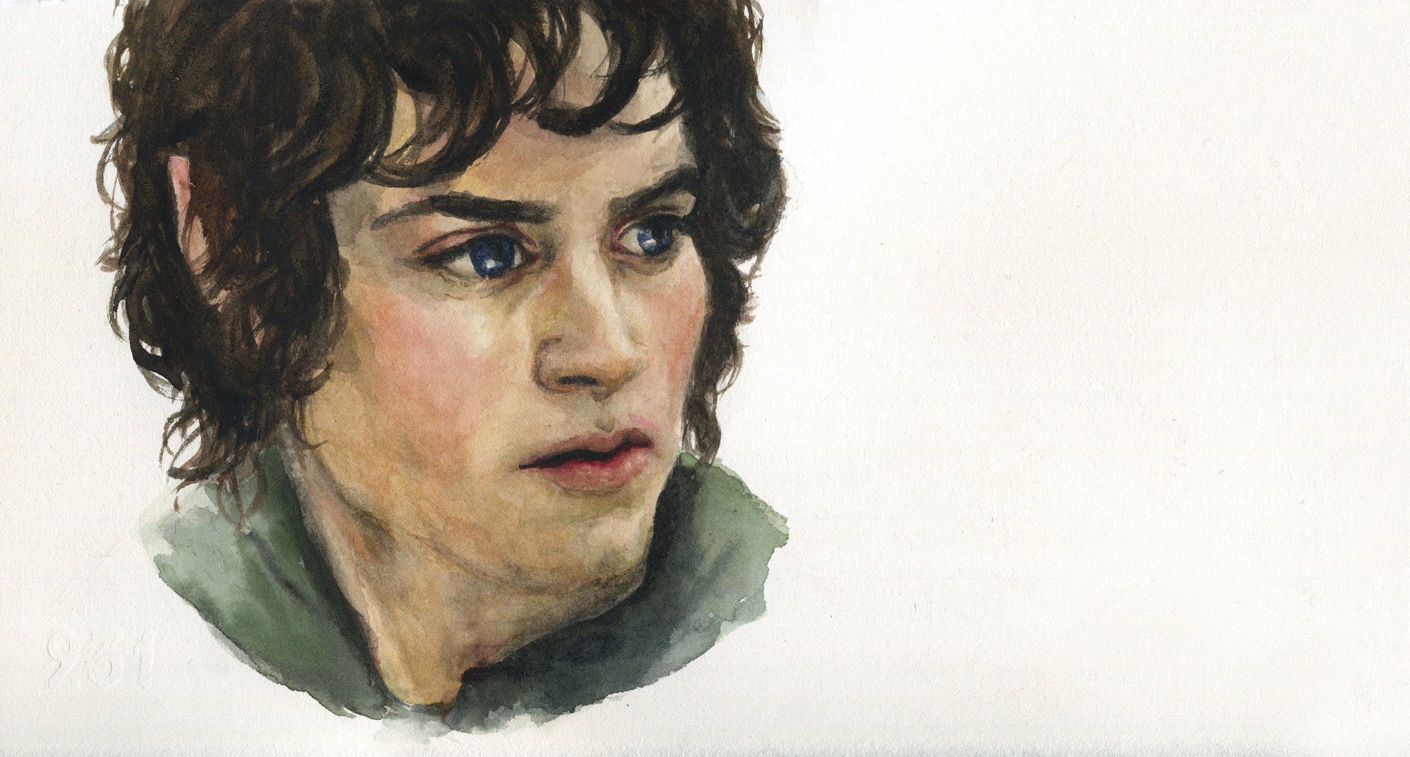 Christine Arias watercolor illustration depicts a person with curly brown hair, blue eyes, and pointed ears, gazing left. Set against a plain backdrop that highlights their face and green clothing, this piece subtly pays homage to J.R.R. Tolkien.