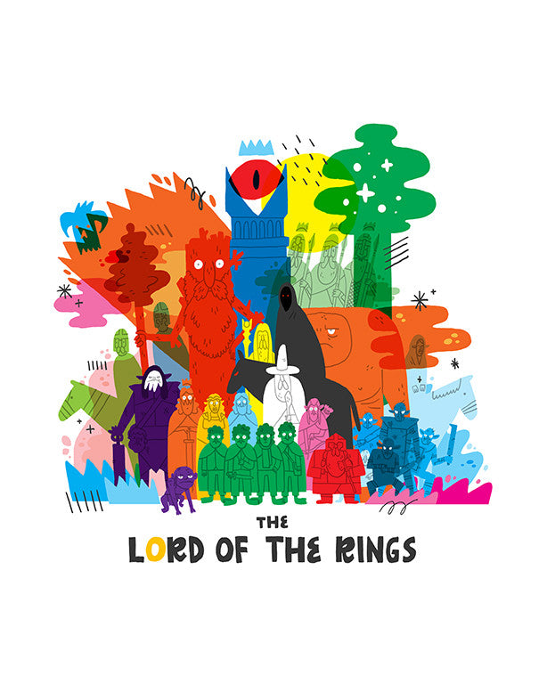 Nick Stokes vibrant archival pigment print, inspired by The Lord of the Rings, features colorful abstract illustrations with stylized characters, an eye, and a tower. It includes reds, greens, blues, and yellows with the title at the bottom. Available at Spoke Art Gallerys Lord of the Coloring exhibit.