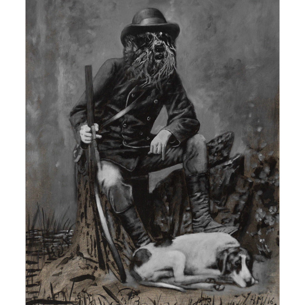 Seated on a stump, a figure with a tree trunk face holds a vintage rifle, embodying the Verlauster Jäger style. A peaceful dog lies at their feet amid rustic scenery evocative of Heiko Muller’s woodland artwork.