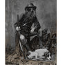 Seated on a stump, a figure with a tree trunk face holds a vintage rifle, embodying the Verlauster Jäger style. A peaceful dog lies at their feet amid rustic scenery evocative of Heiko Muller’s woodland artwork.