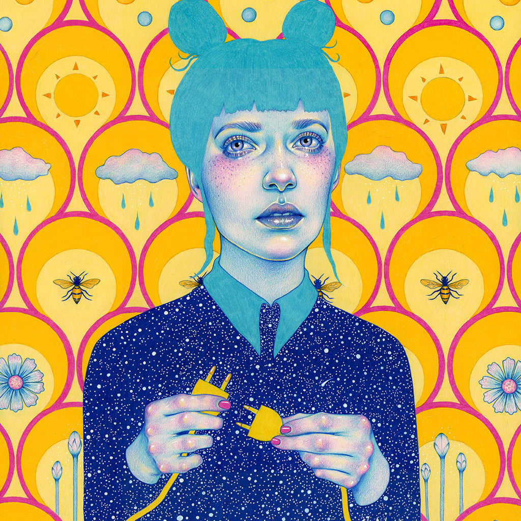 This Natalie Foss piece features a blue-haired woman in space-themed attire holding an unplugged cord, set against a vivid background of suns, clouds, raindrops, bees, and flowers in pinks and blues, capturing the whimsical charm of a Suggestivism exhibit.