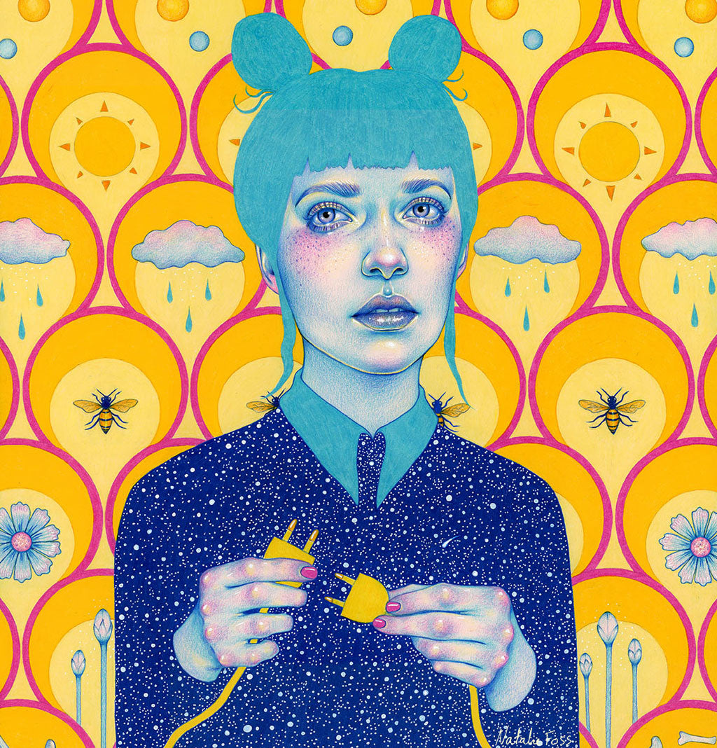 This Natalie Foss piece features a blue-haired woman in space-themed attire holding an unplugged cord, set against a vivid background of suns, clouds, raindrops, bees, and flowers in pinks and blues, capturing the whimsical charm of a Suggestivism exhibit.