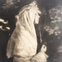 Karla Ortizs sepia-toned portrait features a side profile of a person in a flowing, hooded garment with floral details, set against a softly blurred natural backdrop, echoing La Curas ethereal themes.