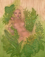 A nude blonde woman reclines among lush greenery and ferns in Audrey Kawasakis painterly style; her form blends seamlessly with the wood-textured background, embodying Suggestivism: Resonance.