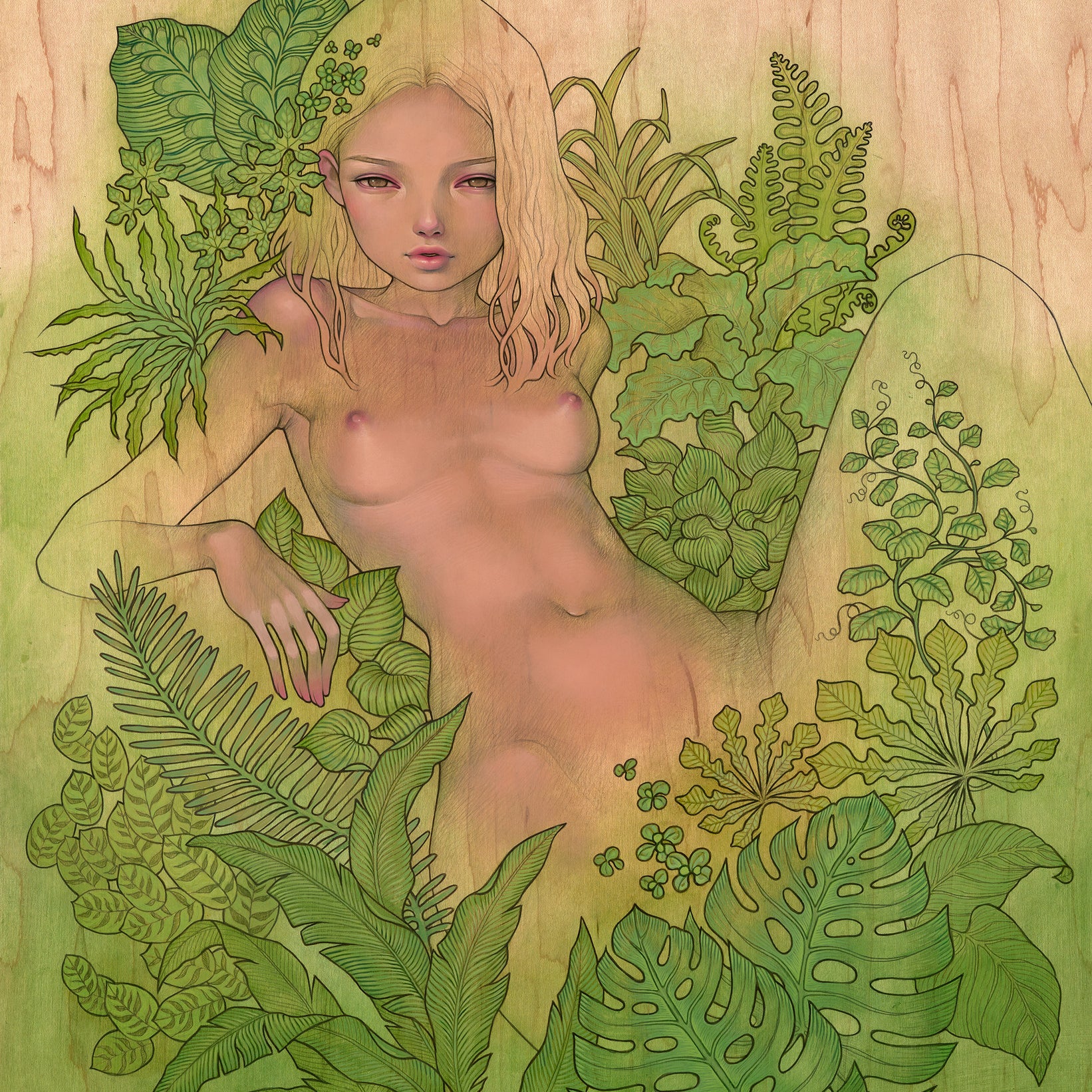 A nude blonde woman reclines among lush greenery and ferns in Audrey Kawasakis painterly style; her form blends seamlessly with the wood-textured background, embodying Suggestivism: Resonance.