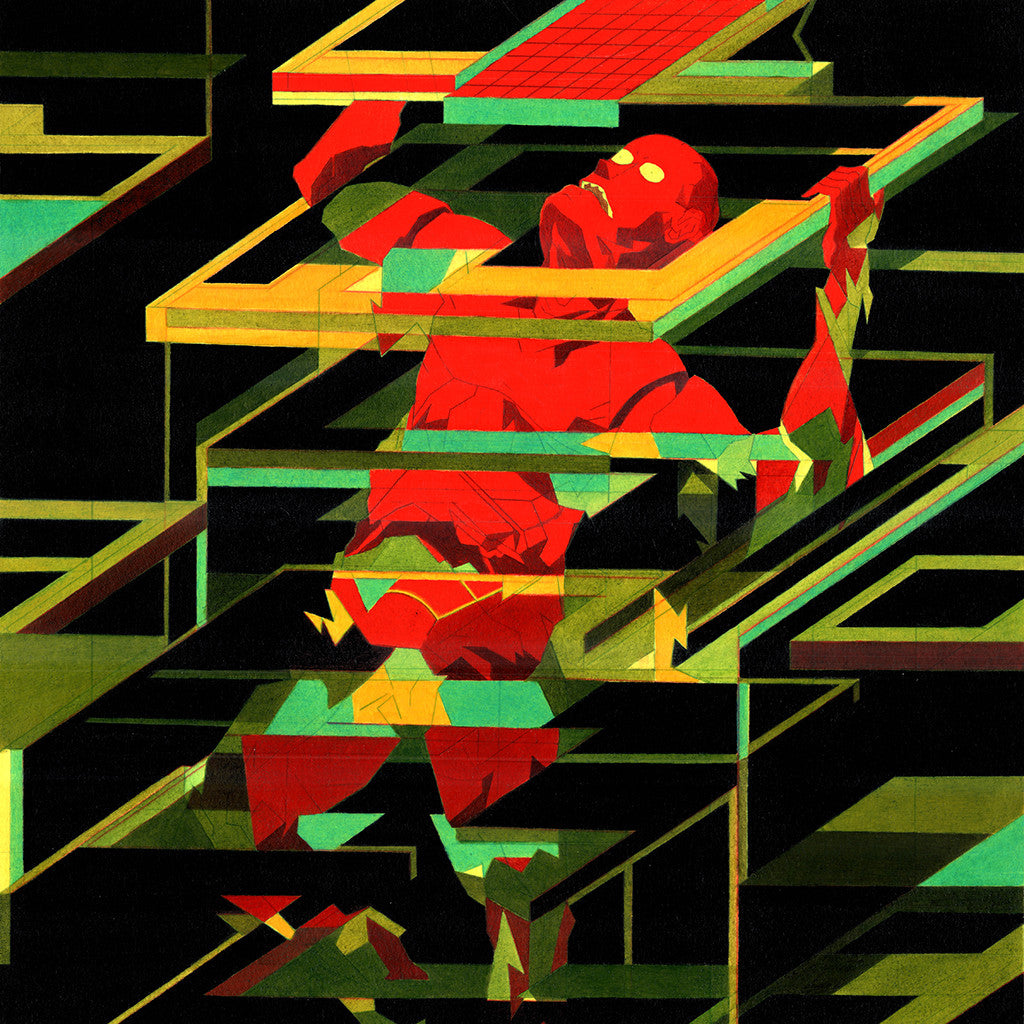 The artwork resembles a Jon Fox piece from Suggestivism: Resonance, featuring a figure ensnared within geometric shapes. Reds and yellows illustrate the figures struggle, generating tension and dynamic movement against a dark backdrop.